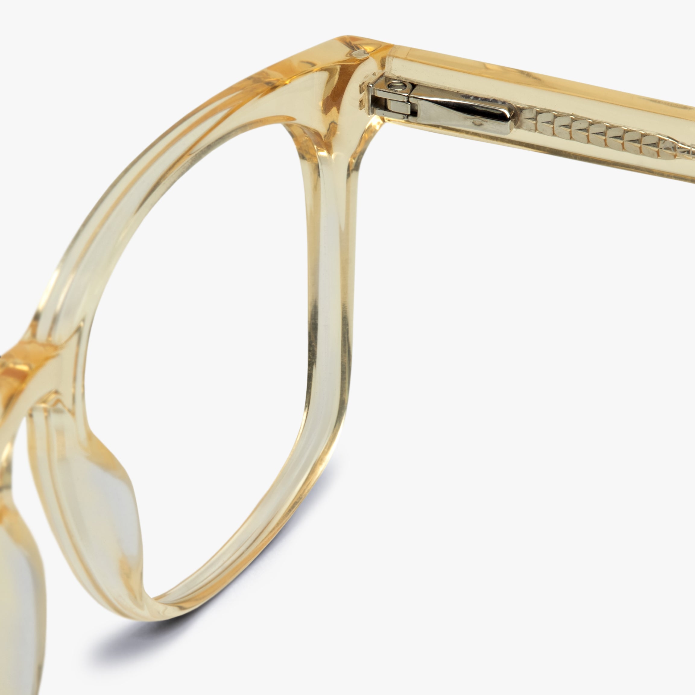 Close-up of Bornholm Crystal Lemon glasses with transparent yellow frames