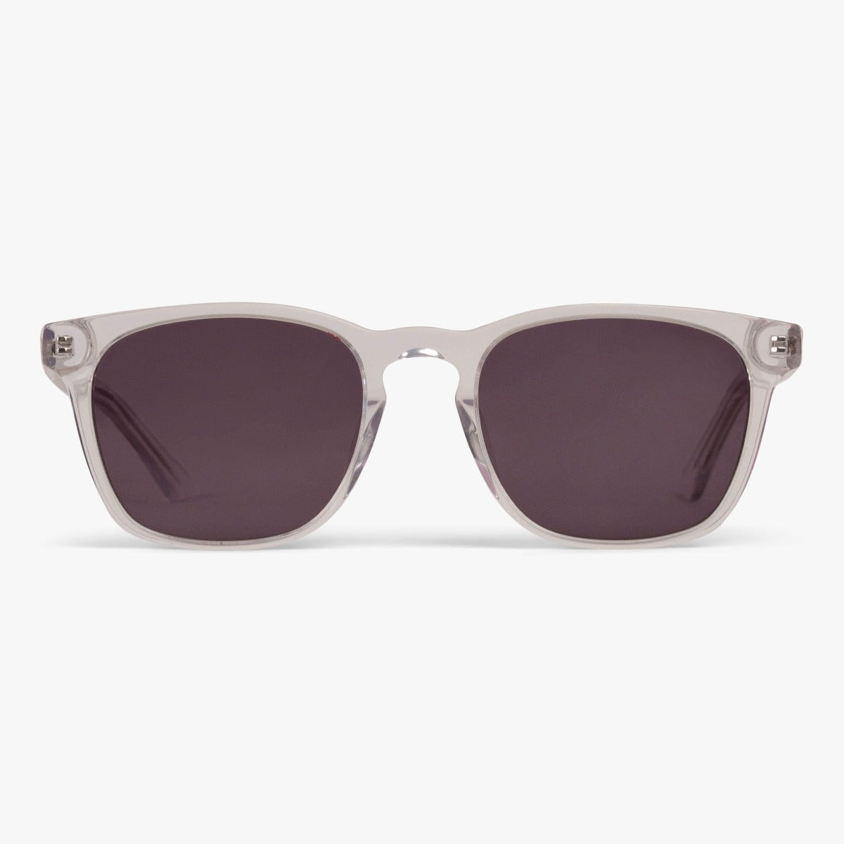 Sunglasses with transparent crystal frame and dark lenses