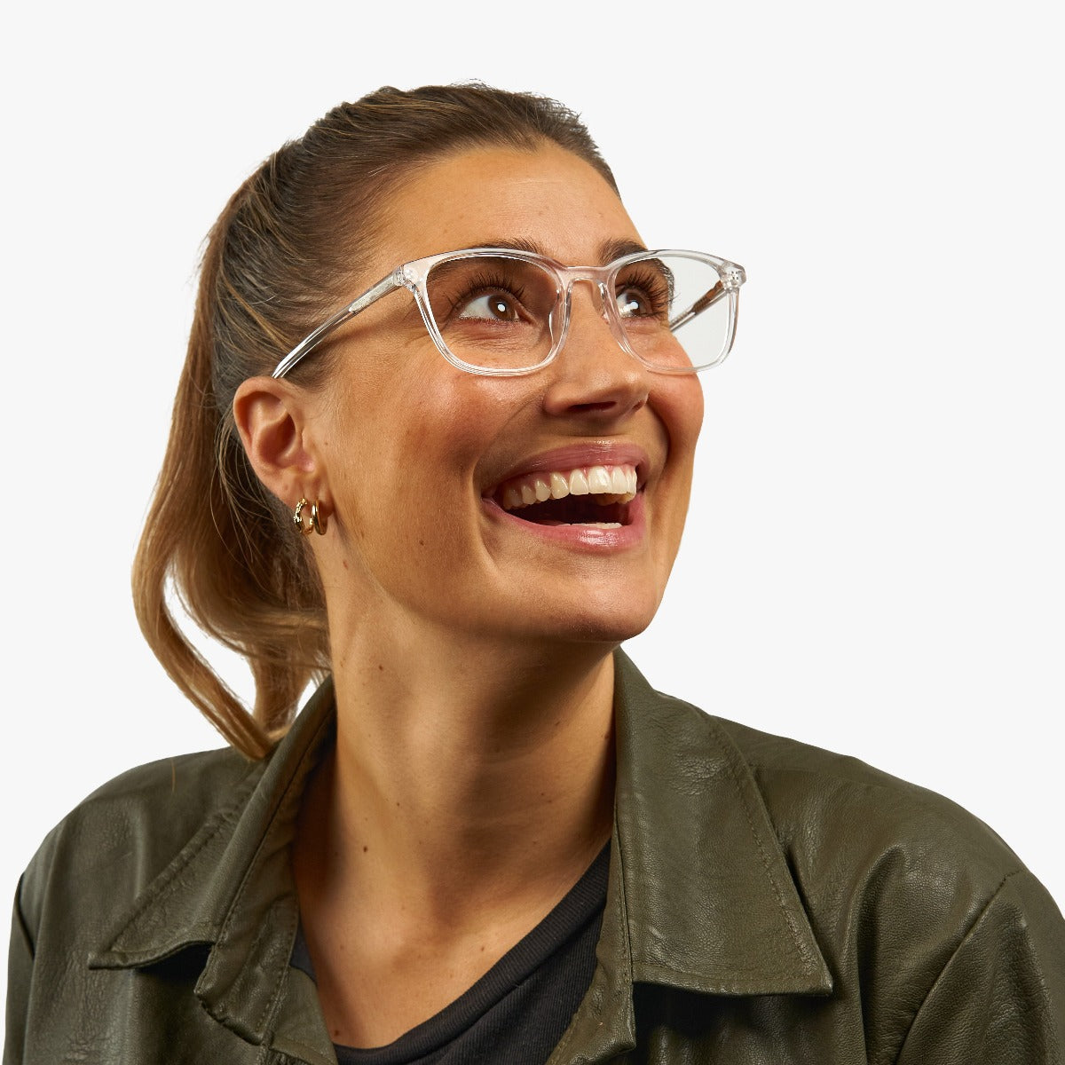 Person wearing Ebeltoft Crystal White reading glasses