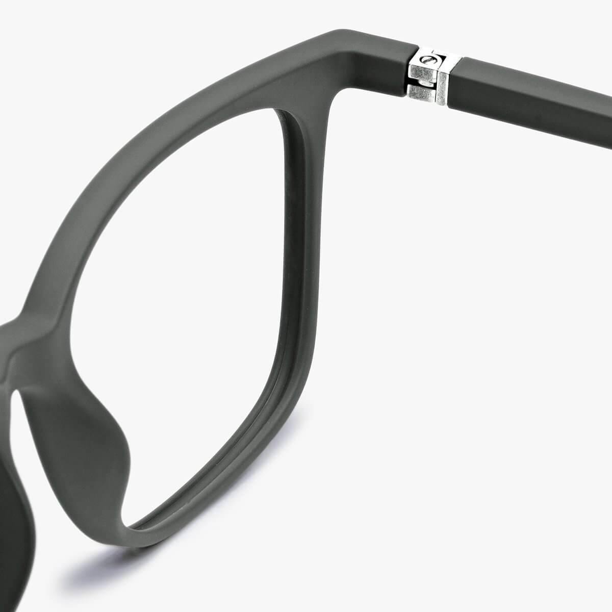 Fyn Dark Army glasses close-up with dark matte frame and metal hinge