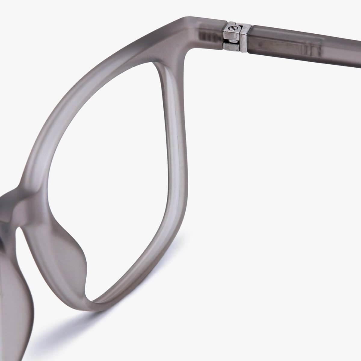 Fyn Grey translucent eyeglass frame close-up