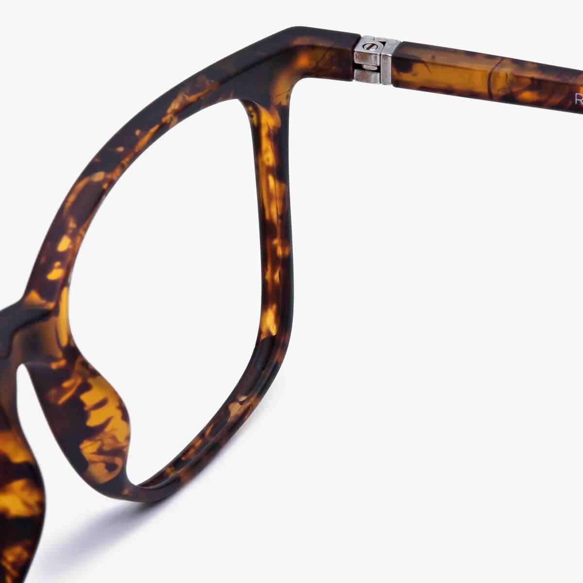 Close-up of tortoiseshell Fyn Turtle glasses with metal hinge detail