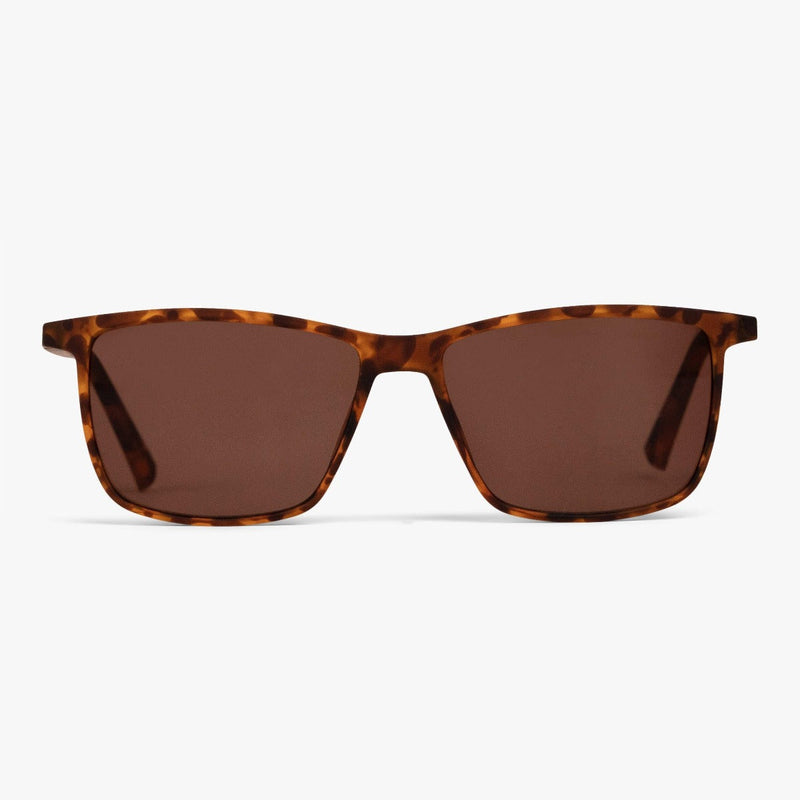 Brown tortoiseshell sunglasses with rectangular frames