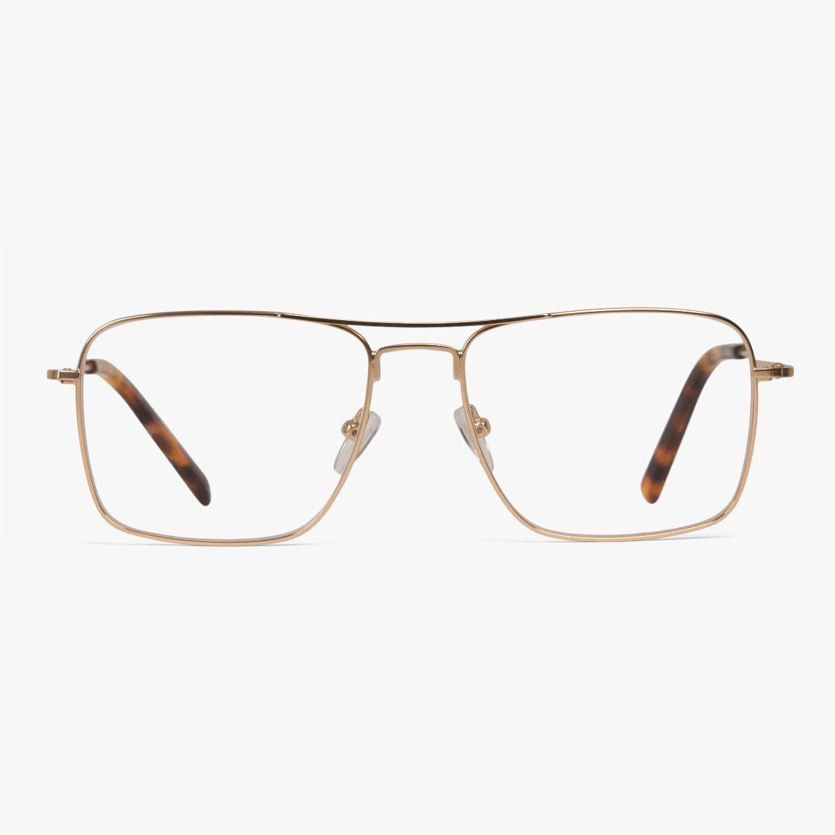 Gold square glasses with thin metal frame and tortoiseshell temples