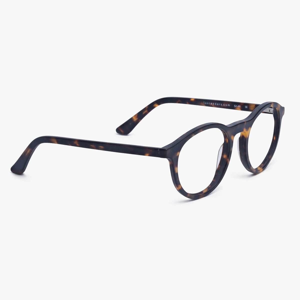 Løkken Dark Turtle round tortoiseshell glasses with Luxreaders branding