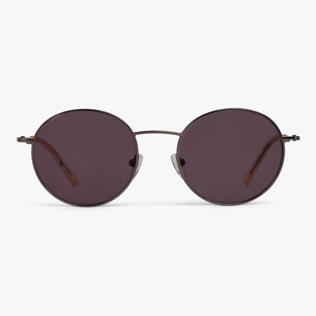 Round gunmetal sunglasses with dark lenses