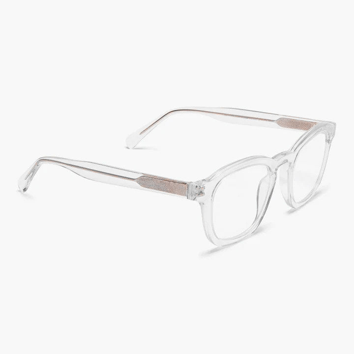 Square crystal white eyeglasses with clear frame and temples
