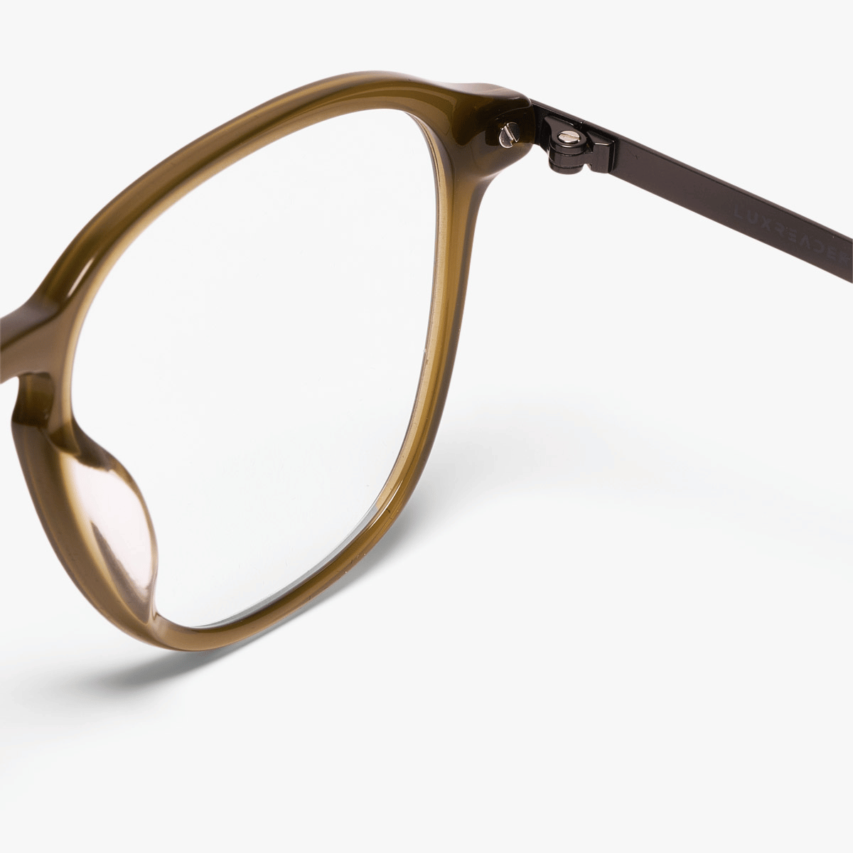 Rønne Shiny Olive glasses with olive frame and Luxreaders logo