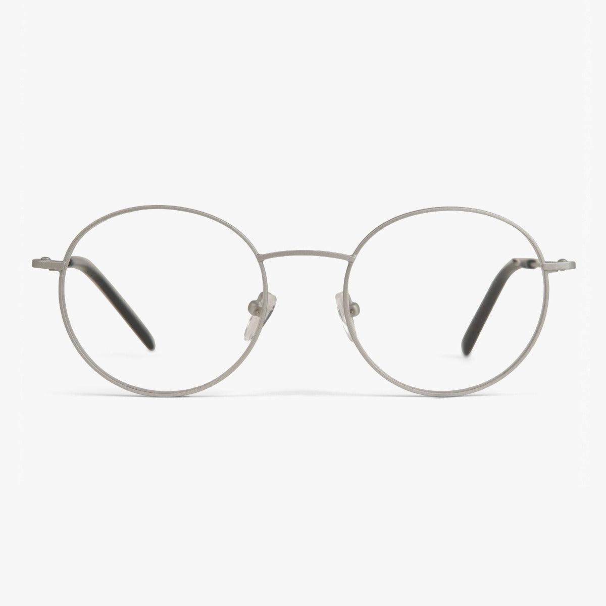 Round silver metal glasses with thin frames and black earpieces