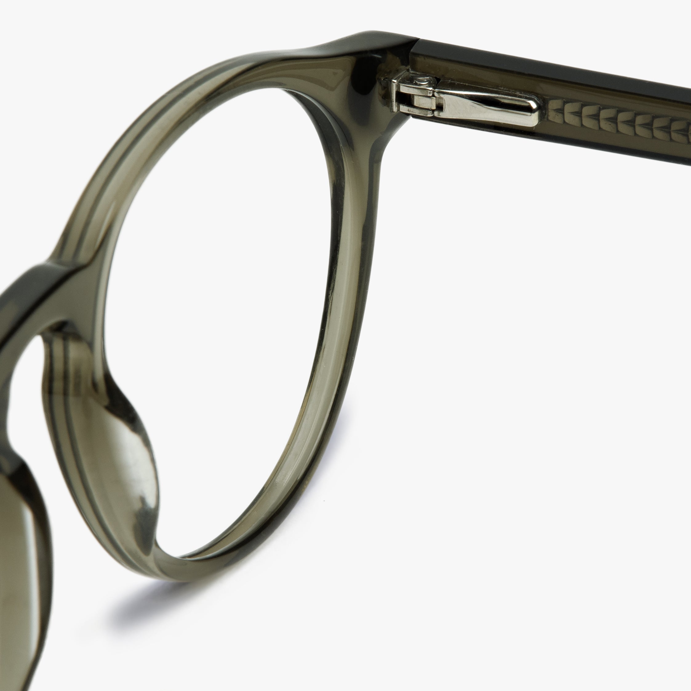 Close-up of Trondheim Shiny Olive glasses with rounded olive frame