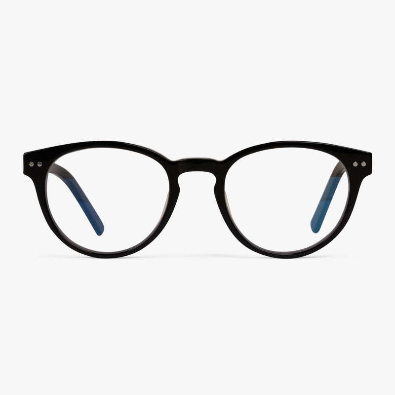 Women's Fredrikstad black glasses with round lenses and blue temples