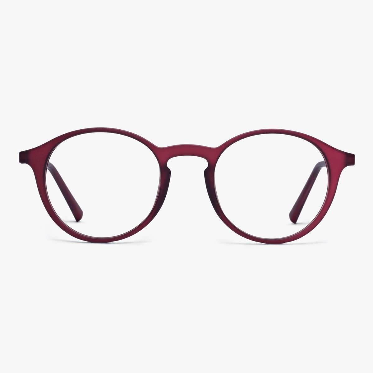 Round red reading glasses with a matte finish