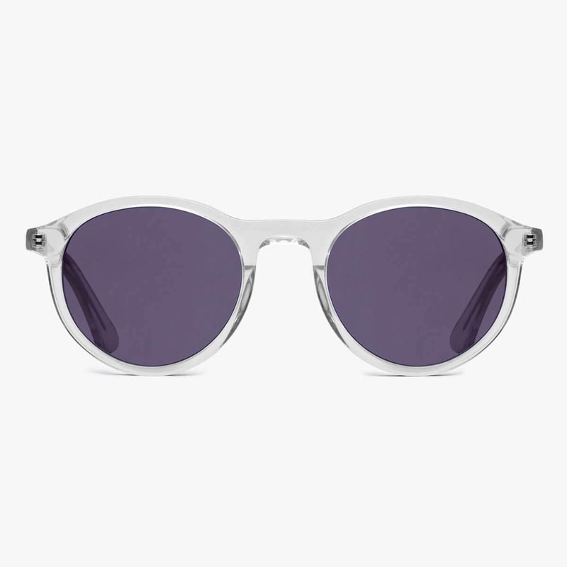 Women's round crystal white sunglasses with dark lenses