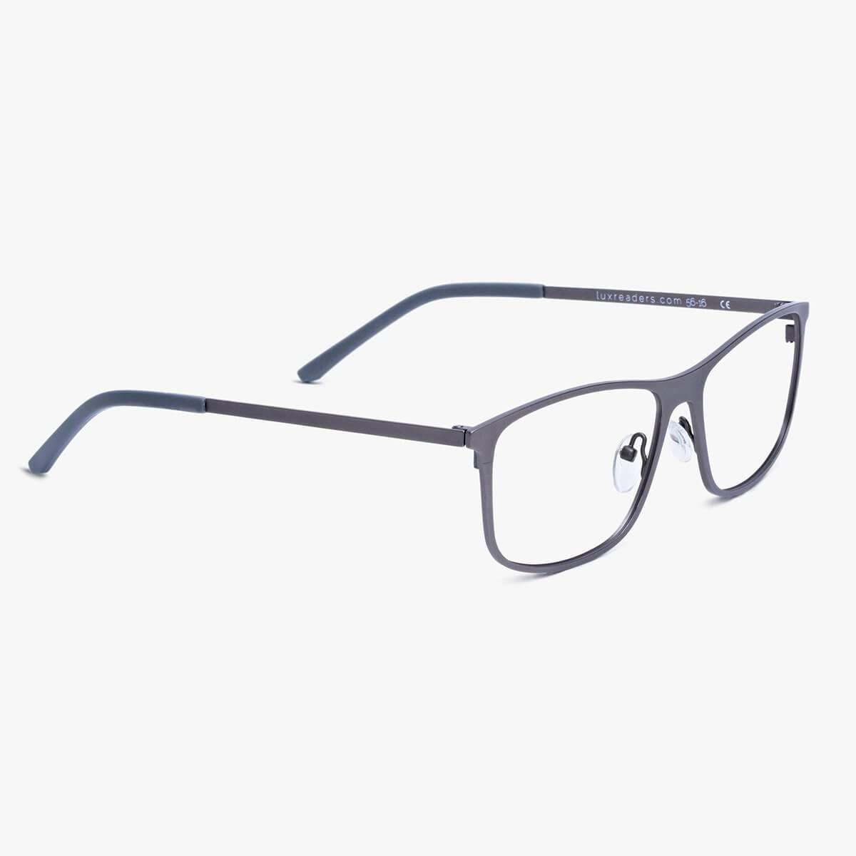 Women's Møn Gun rectangular grey glasses with Luxreaders branding