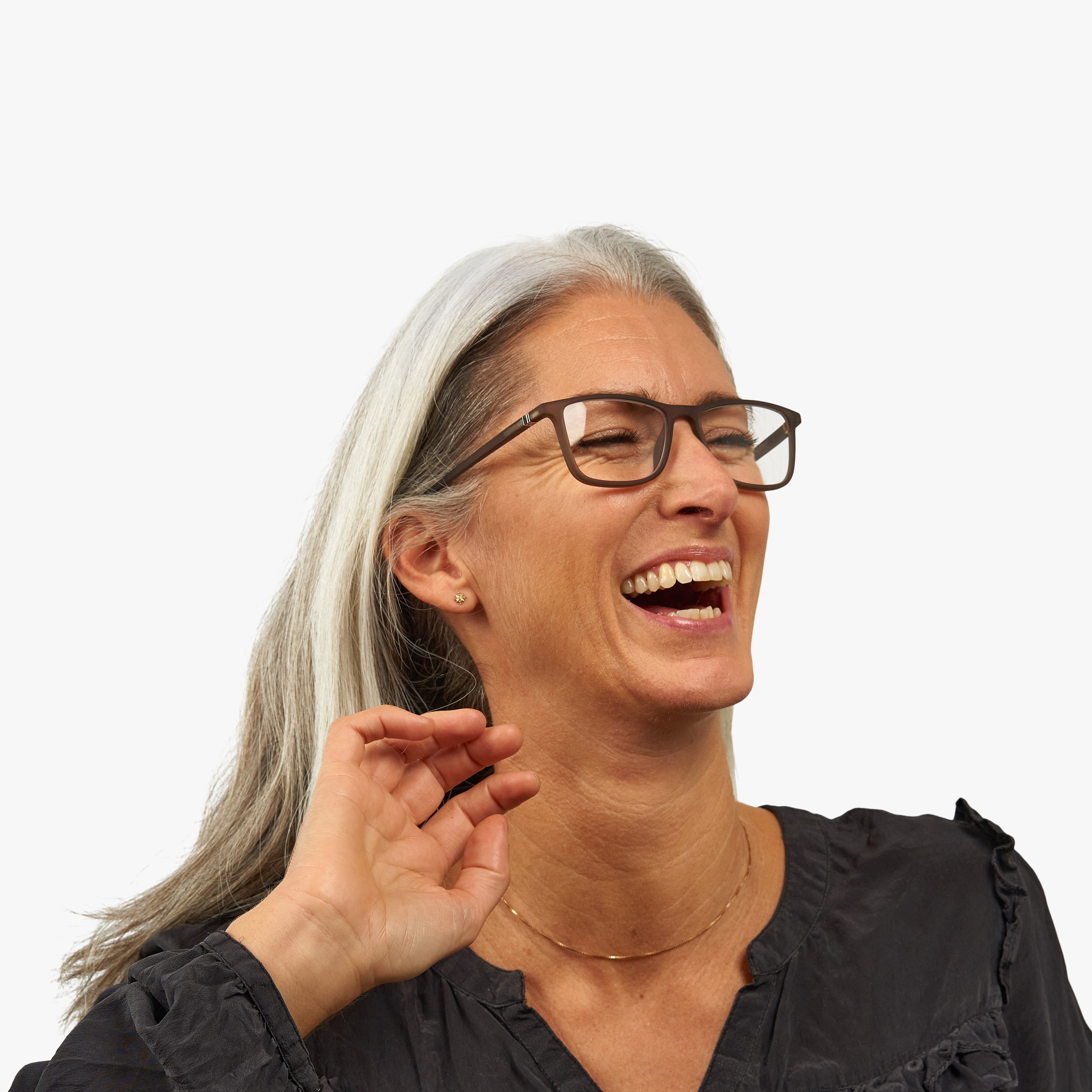 Person wearing Skagen grey square reading glasses