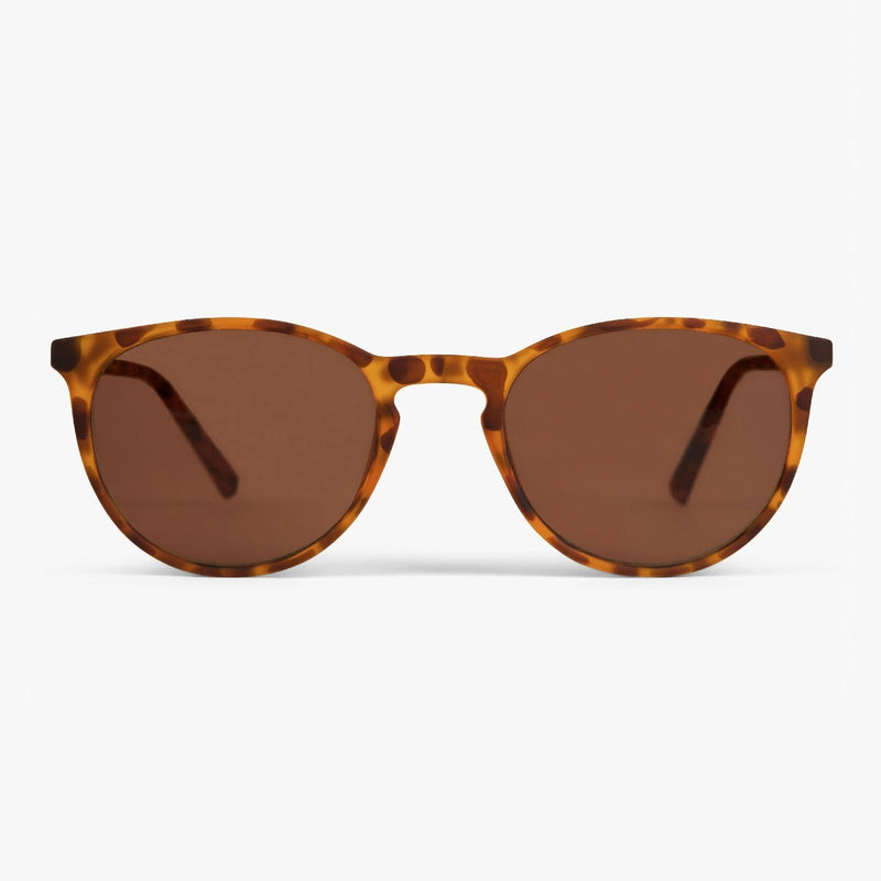 Tortoise shell sunglasses with round lenses and warm brown tint