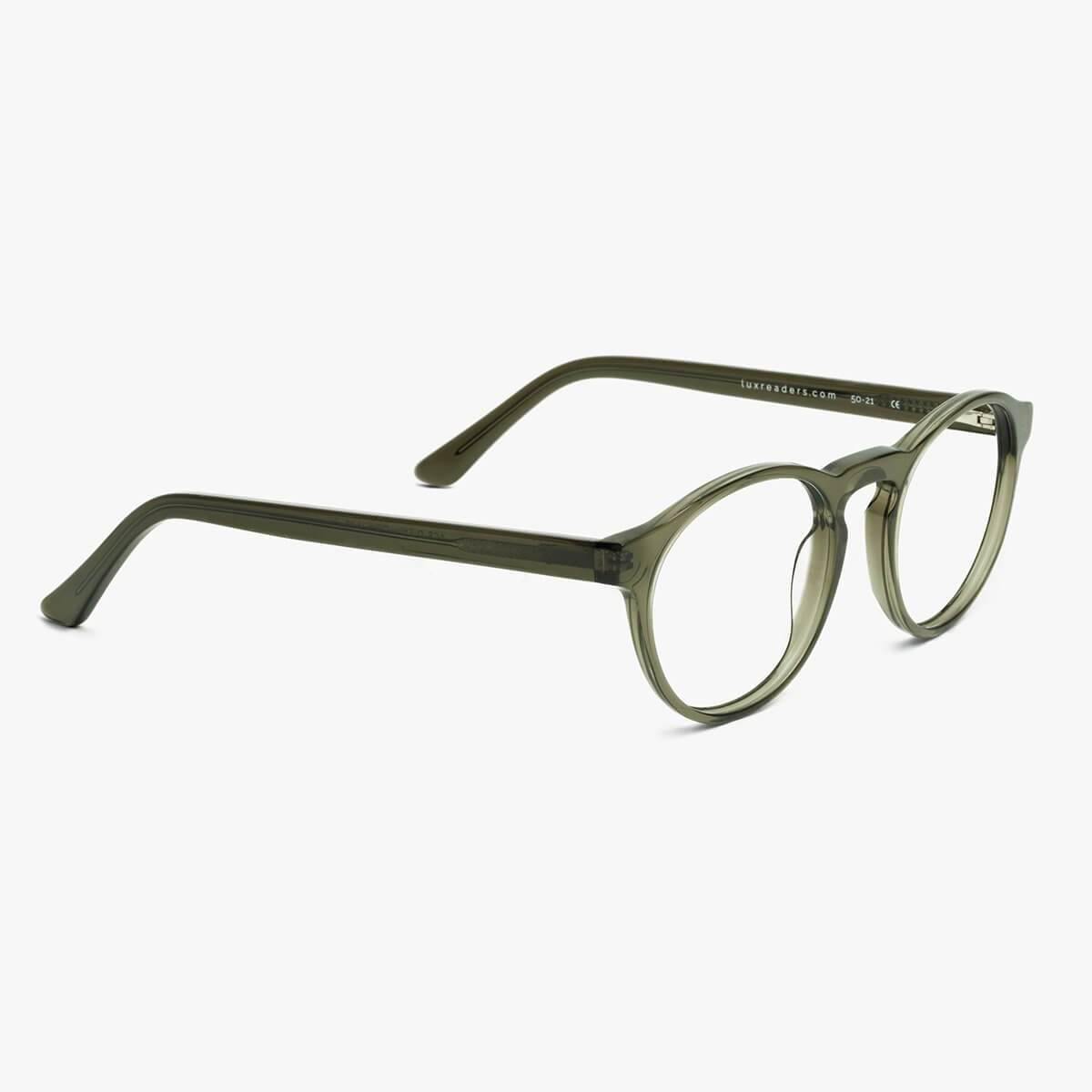 Round shiny olive reading glasses with Luxreaders logo